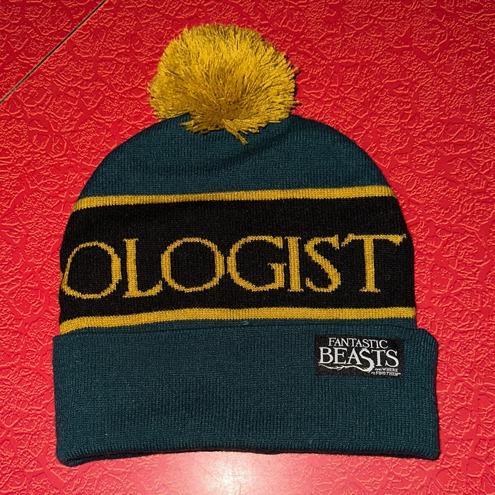 Fantastic beasts, beanie, green  & Yellow Pom-Pom Beanie magizoologist EUC